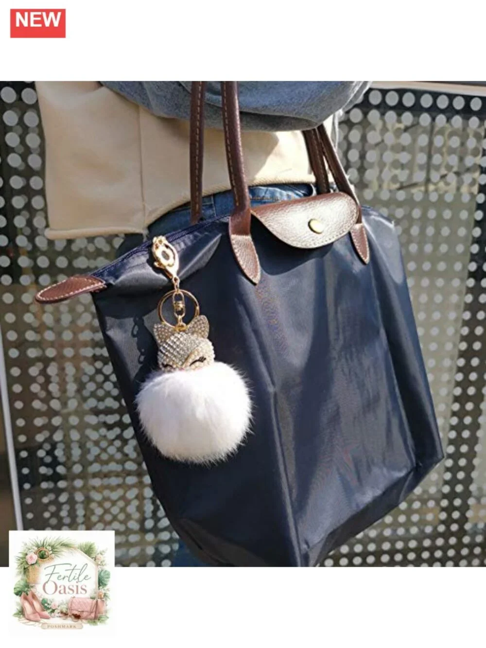 Genuine Rabbit Fur Fox Head Keychain with Rhinestones, Lobster Clasp,